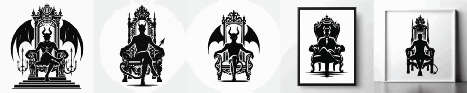 Vector silhouette of devil sit on throne