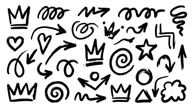 Hand drawn doodle symbols with arrows crowns and scribbles