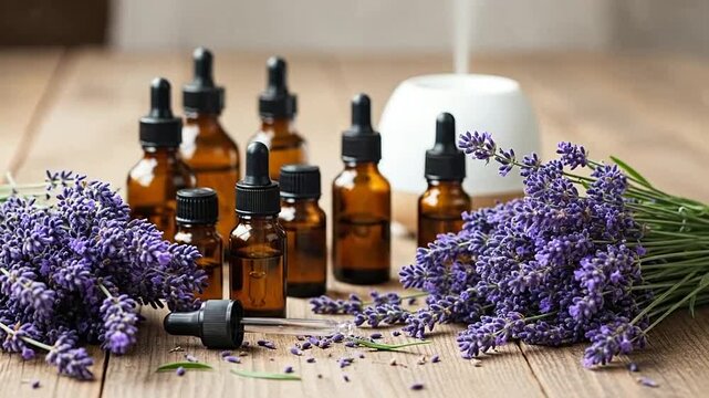 Amber glass bottles with essential oil and fresh lavender flowers on a wooden table