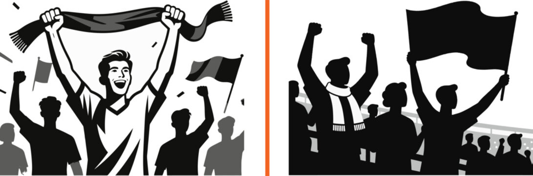 Cheering sports fans and supporters holding flags and scarves in a stadium celebrating victory vector illustration