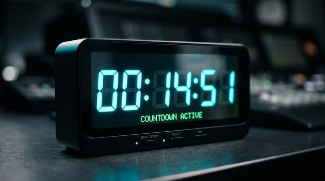 Digital countdown timer displaying 00 14 51 with countdown active text in neon blue light 2026 Sports Event Concept