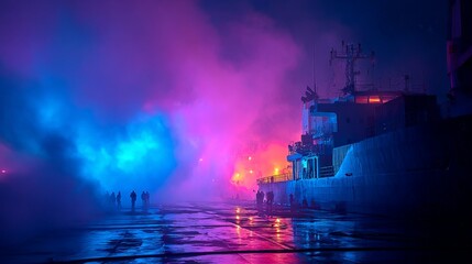 Naklejka premium Vibrant neon lights paint a misty night scene. People stand near a dock, silhouetted against glowing colors. Steam and haze swirl above wet pavement and a docked vessel