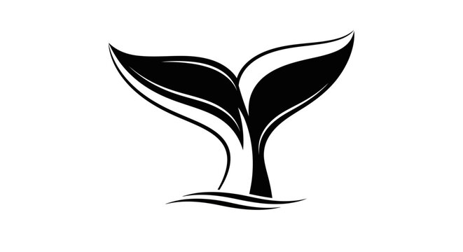 Elegant black whale tail fin vector illustration emerging from ocean waves, marine animal silhouette symbol.