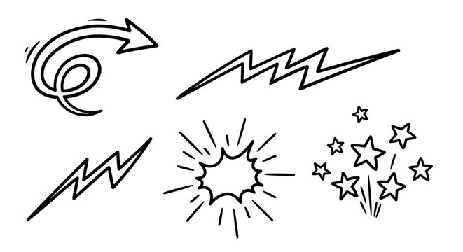 Hand drawn comic book style doodle elements set featuring lightning bolts bursting stars swirling arrows and explosive starbursts on a minimal white background