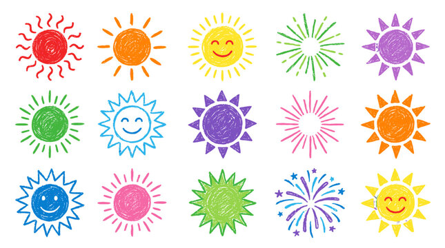 Colorful crayon sun and sunburst doodle icons set