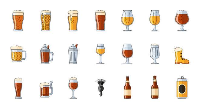 Collection of various beer glassware and beverage icons in a clean flat vector design style for pub menus and brewery branding projects isolated on white background