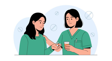 Obraz premium Nurse gives patient medicine, patient care, doctor and illness illustration