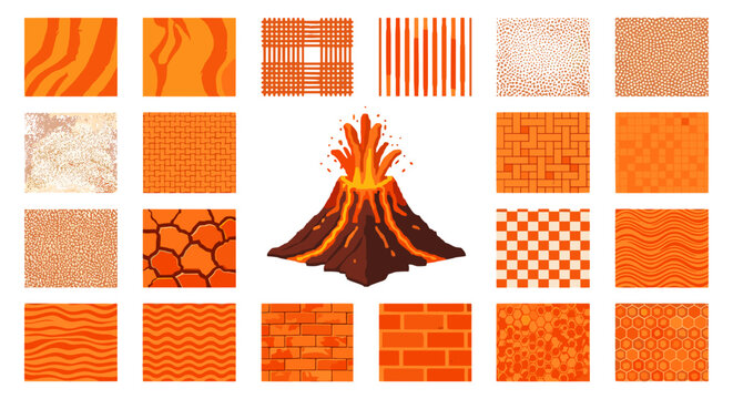 Pixel art volcano eruption icon surrounded by various orange and red geometric texture tiles for game design assets and digital pattern backgrounds set