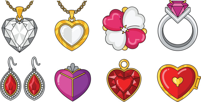 Colorful Valentine Jewelry and Accessories Icon Set with Heart Necklace, Diamond Ring, Earrings, and Locket for Love and Romance Designs
