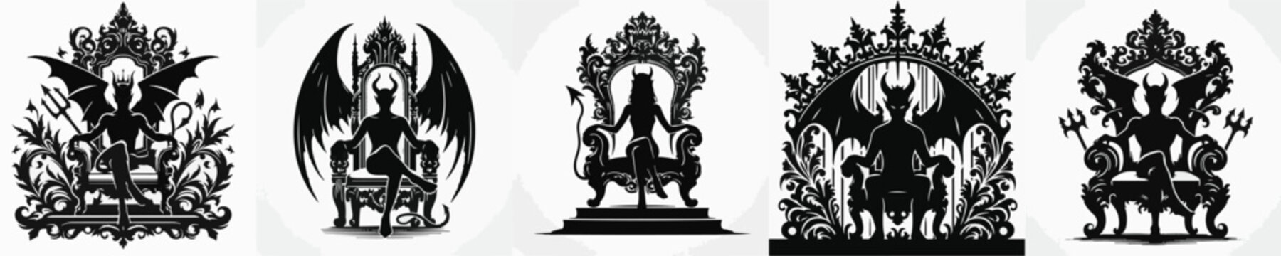 Vector silhouette of devil sit on throne