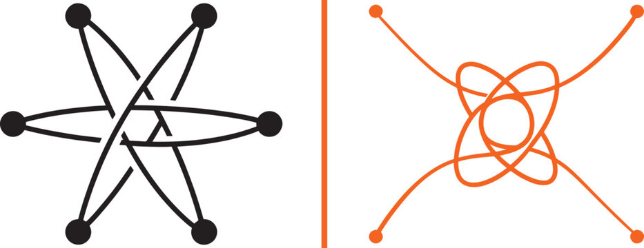 Abstract atom and network vector icons with intersecting curved lines and nodes for technology and science logo design