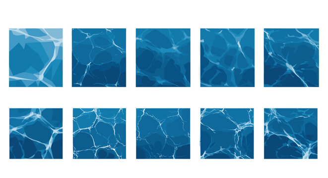 Set of ten abstract blue water surface texture tiles featuring rippling caustic light patterns for digital backgrounds and graphic design projects isolated on white
