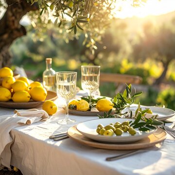 Mediterran gedeckter Sommertisch im Freien mit Zitronen und Oliven