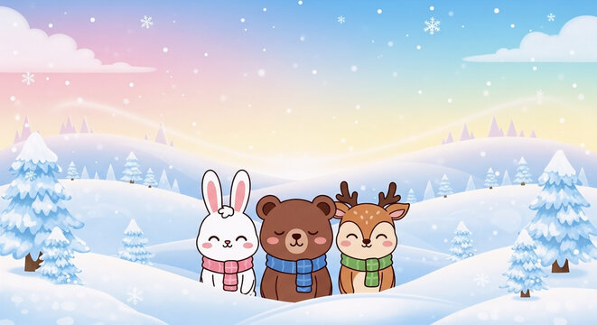 Winter forest friends cute rabbit bear and deer illustration