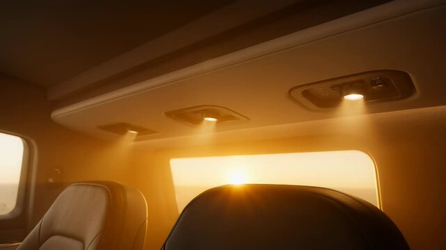 A close-up interior shot showcases the luxurious details of a modern vehicle, highlighting ambient lighting and premium leather seating against a warm, sunset-lit backdrop.