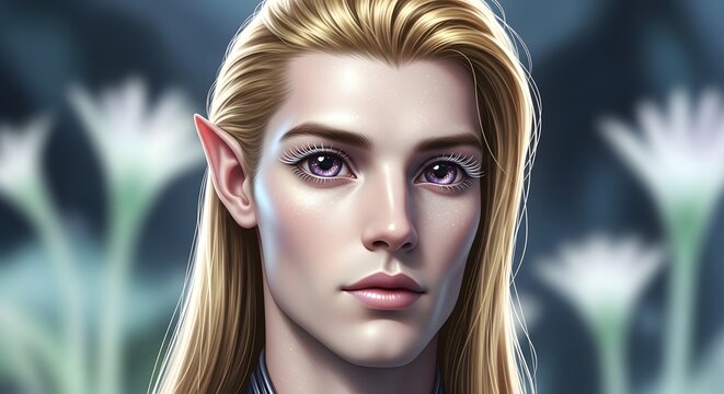 Portrait of a blonde-haired elf with pointed ears and violet eyes, depicted in a soft, ethereal style with a blurred natural background