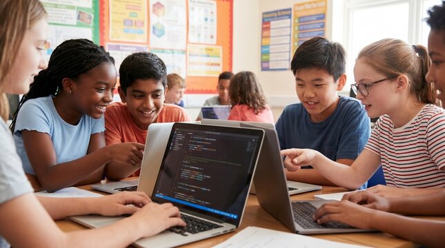 Students learning to code on laptops in a classroom for the concept of Technology and Education.