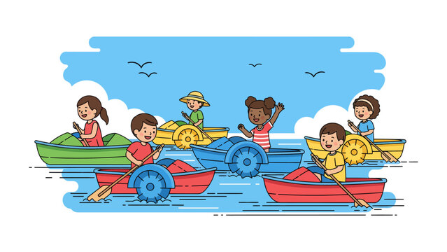 Children on Paddle Boats: A vibrant illustration depicts a group of happy children enjoying a sunny day on the water, paddling colorful pedal boats in a lake under a blue sky with fluffy clouds.