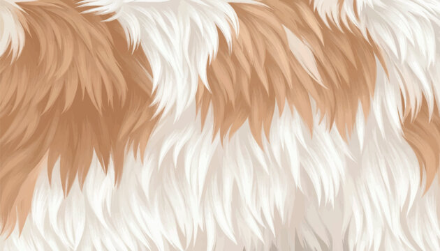Vector realistic animal fur texture background. Fluffy brown and white spotted hairy pattern. Fuzzy calico cat, dog, or fox pelt background for warm winter designs, textiles, and backdrops.