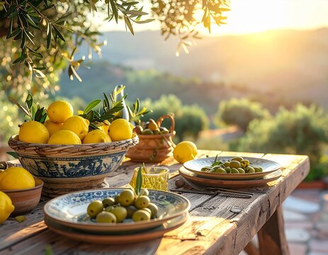 Mediterran gedeckter Sommertisch im Freien mit Zitronen und Oliven