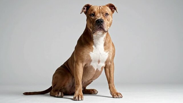 A loyal and powerful pit bull dog sitting attentively in a studio with a neutral background, showcasing its muscular build and alert expression