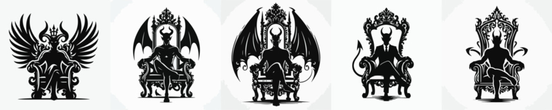 Vector silhouette of devil sit on throne
