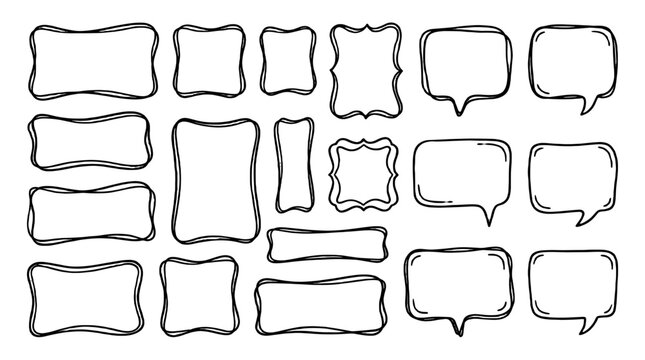 Set of hand drawn wavy frames and speech bubble outlines