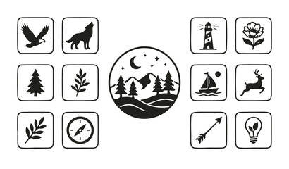 Collection of outdoor adventure icons including animals nature and navigation symbols perfect for travel and exploration themes isolated on white © Irhama Iqbal 