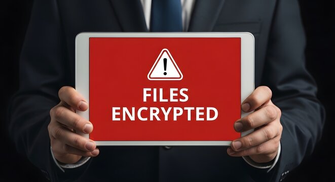 A person holding a tablet displaying FILES ENCRYPTED message for the concept of cyber security and data breach.