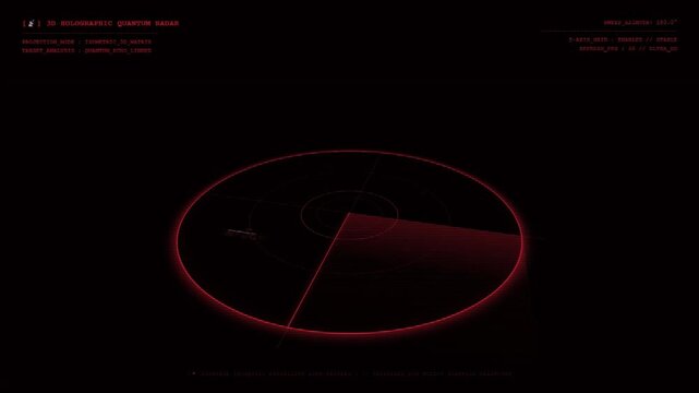 Three Dimensional Holographic Quantum Radar Display With Rotating Target Sweep Isometric Matrix Grid Red HUD Terminal Interface Background.