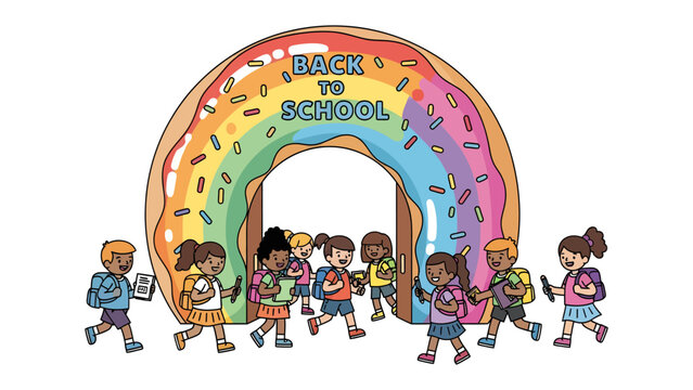 Back to School Celebration: A vibrant archway shaped like a giant donut adorned with rainbow colors welcomes a group of diverse schoolchildren, eager to begin their educational journey.
