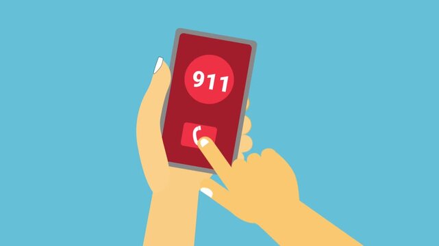 A hand holds a smartphone displaying a red emergency screen and a finger taps the call button on a blue background.