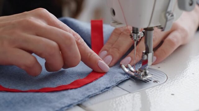 Closeup of a seamstress sewing a red ribbon onto blue fabric using a professional sewing machine