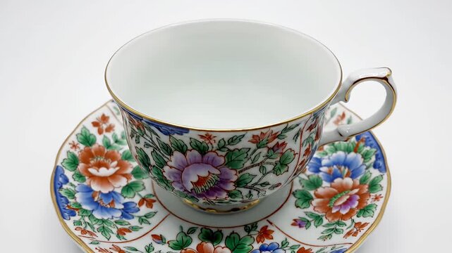 Vintage floral porcelain teacup and saucer on white background.