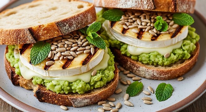Gourmet avocado cheese open sandwich with seeds and herbs.