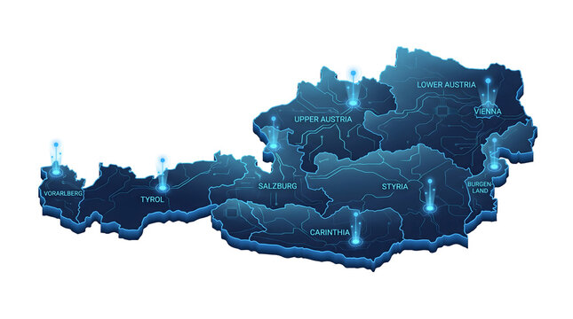 Isometric Blue Digital Austria Map with Glowing Tech State Regions
