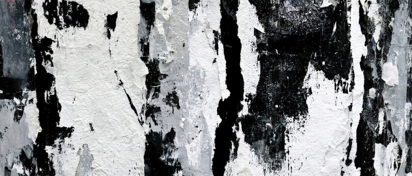 Intricate Torn Poster Collage on Wall with Layered Ripped Texture