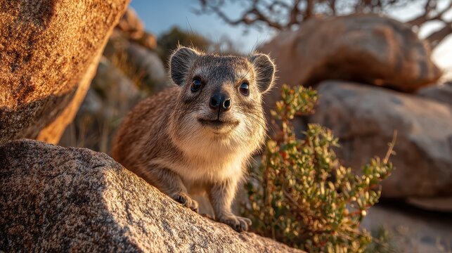 Close-up wildlife shot of a rock hyrax in natural rocky terrain