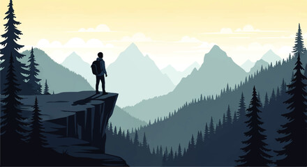 A lone hiker stands on a cliff edge overlooking a vast mountain range in this vector flat design illustration © DevanAlfaris