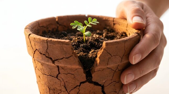 Seedling Growing In Cracked Clay Pot Close Up Photography sprout plant growth broken terracotta
