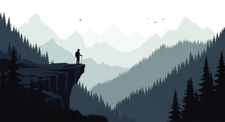 Vector flat design illustration of a lone hiker standing on a cliff edge overlooking a vast mountain range at sunrise © DevanAlfaris