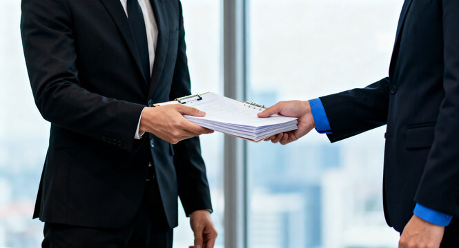 Business professional hands over documents to another professional in an office setting, showcasing a formal transaction
