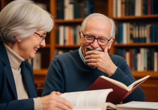 Elderly Couple Laughing Together While Reading Books in a Library, Capturing a Cherished Moment of Shared Joy and Intellectual Engagement