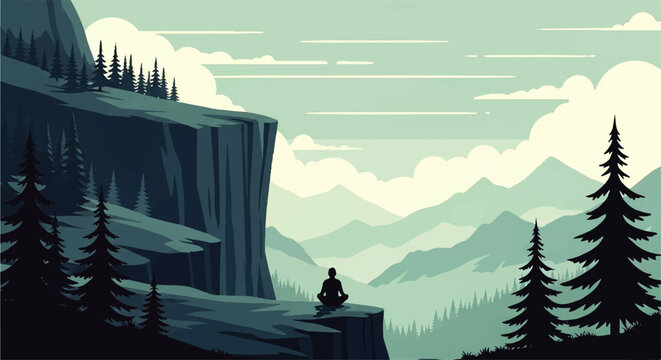 Serene Vector Flat Design Illustration of a person meditating on a cliff overlooking misty mountains and evergreen
