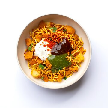 Delicious indian street food sev puri chaat isolated on white background