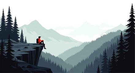 Vector flat design illustration of a lone person sitting on a cliff edge overlooking a vast mountain valley landscape © DevanAlfaris