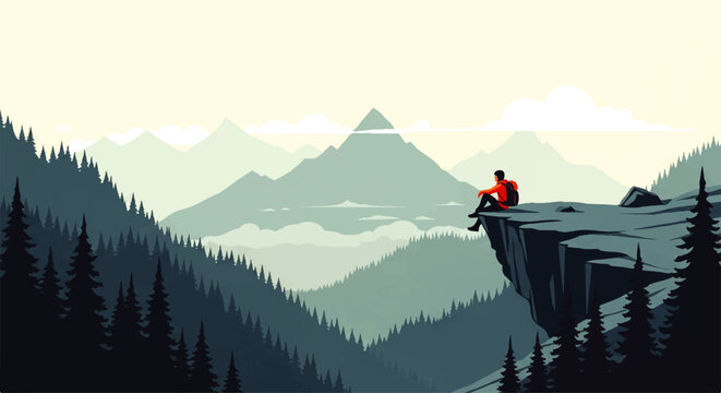 A lone hiker sits on a cliff edge overlooking a vast mountain range in this vector flat design illustration