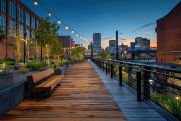 Obraz premium Evening on an elevated urban park along a historic rail line with a glowing city skyline