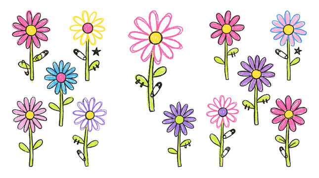 Colorful crayon doodle daisy flowers collection on white