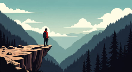 Vector flat design illustration of a lone hiker standing on a cliff edge overlooking a vast mountain valley landscape © DevanAlfaris